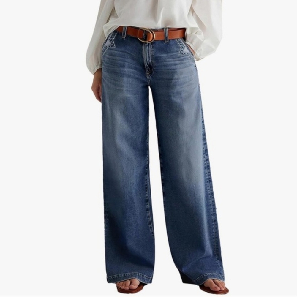 FLAMINGALS Vintage Wash Mid-Rise Ultra Wide-Leg Denim Jeans Women's S | 27"-29"